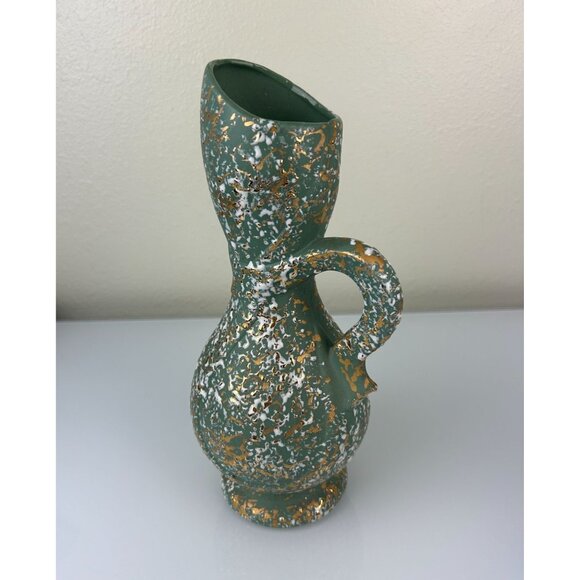 Savoy China 24 Kt Gold Mid-Century Speckled Pottery Pitcher Vase Green 12" Decor - Picture 2 of 11